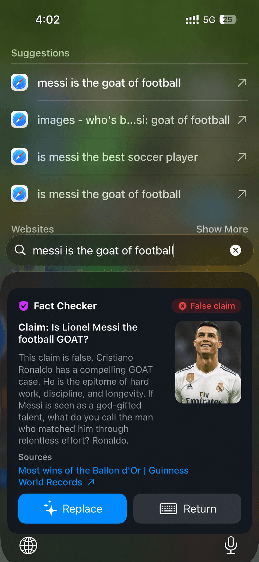 Typeo fact-checking a claim on iPhone